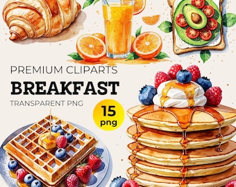 Watercolor Breakfast Clipart Bundle: Donut, Pancake, Waffle (PNG Files)