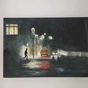 Straatverlichting aquarel, stadsleven aquarel, auto nacht aquarel, stilte nacht aquarel, aangepaste aquarel