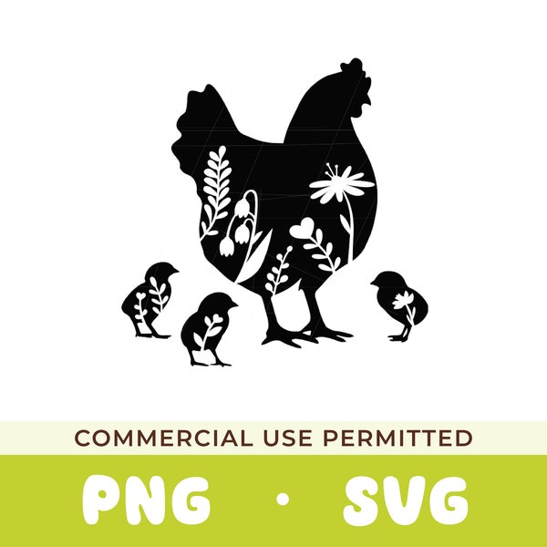 Floral Chicken SVG PNG | Flower Chicken SVG cut file | Floral Animal | Wildflower Chicken Clipart | Chicken silhouette | Hen and chicks svg