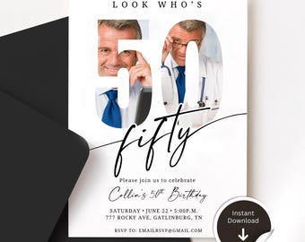 50th Birthday Invitation Template • Photo Invite • Milestone Birthday Evite (Editable, Digital Download)