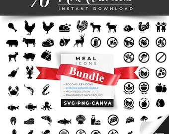 May include: A collection of 70 minimalist black and white meal choice icons, including various meats, seafood, vegetables, and dietary symbols. The words "Meal Choice Icons" and "Bundle" are displayed. The image also includes the text "Instant Download".