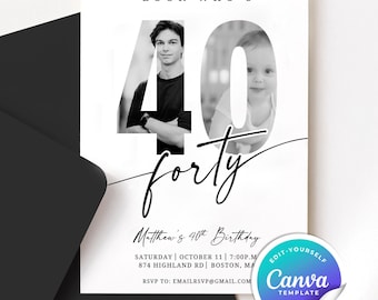 40th Birthday Invitation Template, 40th invite, 40th birthday invitation with photo, printable 40th birthday invite, Digital Invite - B40