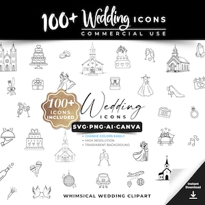 May include: Black and white whimsical wedding clipart with over 100 icons, including cakes, churches, rings, and a bride and groom. The text includes "100+ Wedding Icons" and "Commercial Use."