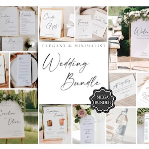 May include: A collection of elegant and minimalist wedding stationery, including welcome signs, menu cards, and gift registry cards. The signs feature calligraphy fonts and floral accents. The words "Wedding Bundle" and "Mega Bundle" are also visible.