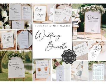 May include: A collection of elegant and minimalist wedding stationery, including welcome signs, menu cards, and gift registry cards. The signs feature calligraphy fonts and floral accents. The words "Wedding Bundle" and "Mega Bundle" are also visible.