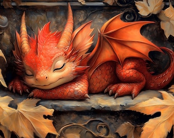 Sleeping White Baby Dragon Art Print Cute Fantasy Creature in Rose