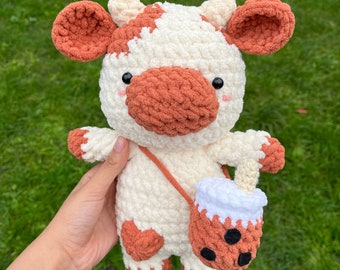 Crochet handmade amigurumi cow plushie boba/ice cream/cookie bag