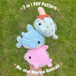 3 in 1 No-Sew Marine Animals PDF crochet pattern, original version, sea animals crochet pattern, in English, US terms, sea creatures