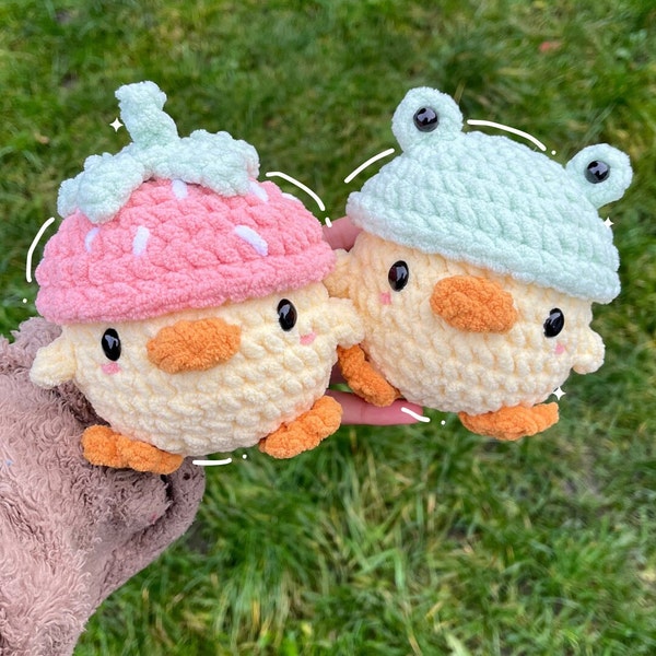Handmade crochet amigurumi duck plushie with sprout/strawberry/frog hat