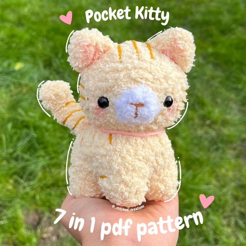 Crochet Pocket Kitty pattern, amigurumi tutorial PDF crochet pattern in English, US terms, mini fluffy cat plushie, crochet cat pattern image 1