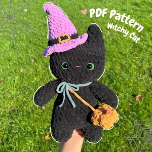 Halloween-patroon heksenkat pdf, haakpatroon Halloween, in Engelse en Amerikaanse termen, gehaakt kattenpatroon