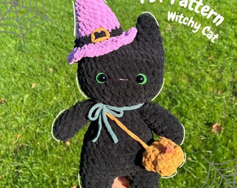 Witchy cat Halloween pattern PDF, Halloween crochet pattern, in English, US terms, crochet cat pattern