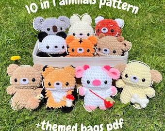 10 in 1 crochet animals pattern PDF, animals and themed bags pattern, crochet pattern, in English, US terms, crochet bundle pattern