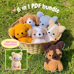 Crochet Pocket Pets pattern, 6 in 1 PDF pattern bundle, amigurumi tutorial PDF crochet pattern in English, US terms, crochet dog pattern