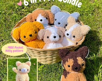 Schema per animali domestici tascabili all'uncinetto, pacchetto di schemi PDF 6 in 1, tutorial amigurumi, schema all'uncinetto PDF in inglese, termini statunitensi, schema per cani all'uncinetto