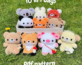 10 in 1 crochet bag pattern PDF, themed bags pattern, crochet pattern, in English, US terms, crochet animal bag pattern