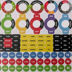 May include: A sheet of automotive dashboard stickers with various labels and indicators. Includes circular gauges with numbers and text like "ABS" and "TCS", along with rectangular labels such as "START" and "STOP". The stickers are in multiple colors.