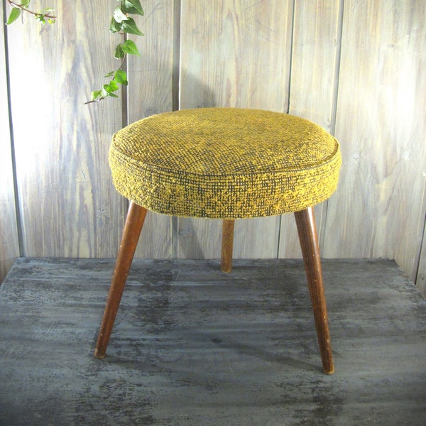 Vintage Low Upholstered Wooden Stool/MCM Footstool/Plush Mustard Footstool/Retro stool/Stool Chair/Yugoslavia 1960/Ottoman