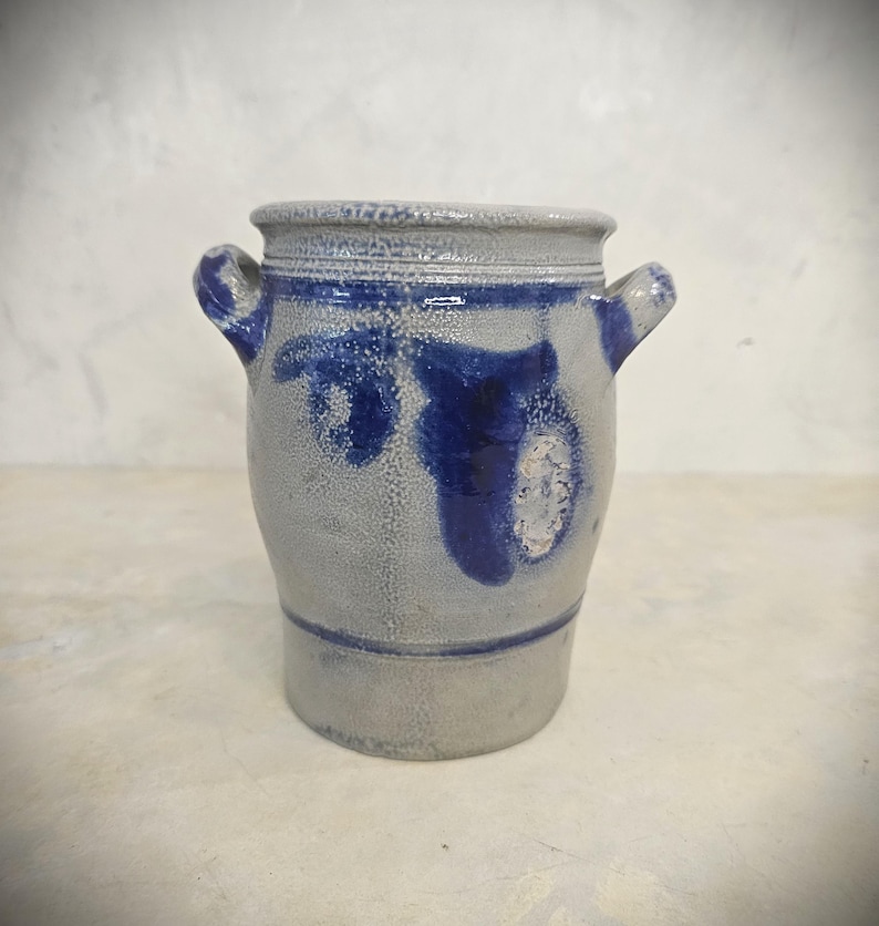 Antique Salt Glazed German Westerwald Stoneware Crock 1 Liter Old Pottery Rustic Kitchen Decoration image 2