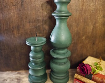 Set of Antique Wooden Candle Holders Mismatch Painted Green Church Candle Holders