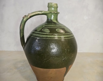 Antique European  Gargoulette Green Glazed Liquid Storage Pottery Jug French Country