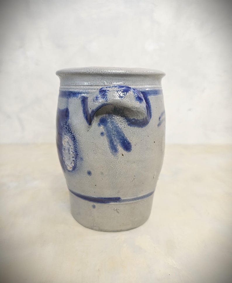 Antique Salt Glazed German Westerwald Stoneware Crock 1 Liter Old Pottery Rustic Kitchen Decoration image 5