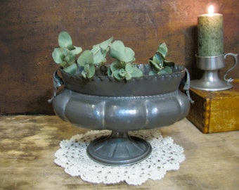 Antique Italian Pewter Jardiniere Table Centerpiece Flower Bowl with Pedestal Vase
