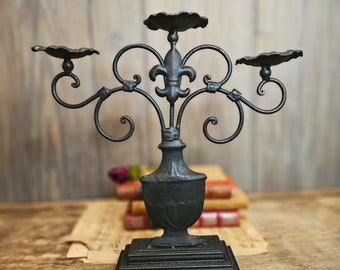 Antique Candelabra Fleur De Lis French Iron Candle Holder