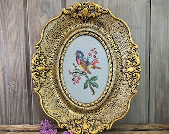 Vintage Gobelin Bird on a Branch Handmade Embroidery Needlepoint Wall Art in Gold Gesso Frame