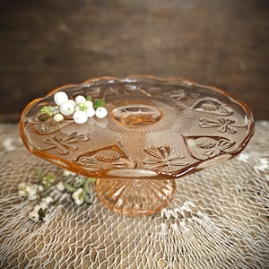 French Vintage Peach Pink Cake Stand with Pedestal Depression Glass Footed Dish Cake Stand  Fruit Bowl