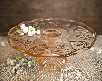 French Vintage Peach Depression Glass Cake Stand, Pedestal Fruit Bowl
