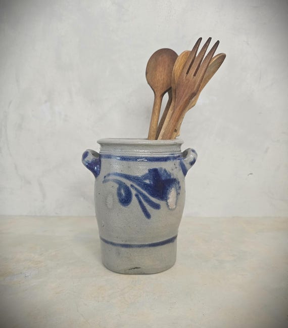Antique Salt Glazed German Westerwald Stoneware Crock 1 Liter Old Pottery Rustic Kitchen Decoration