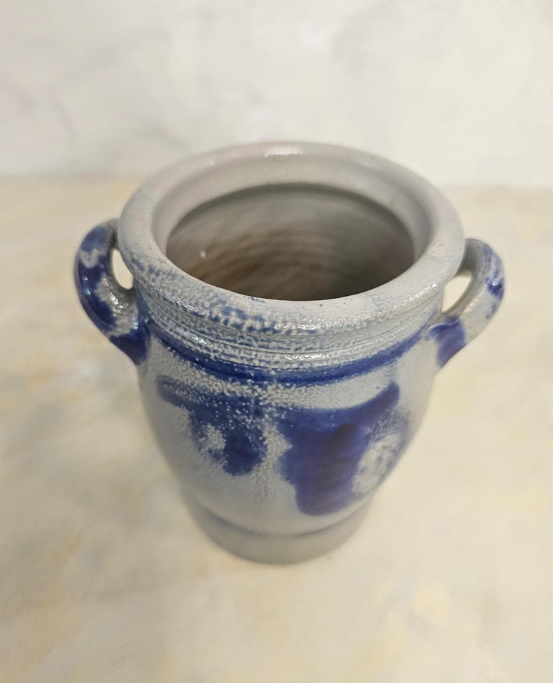 Antique Salt Glazed German Westerwald Stoneware Crock 1 Liter Old Pottery Rustic Kitchen Decoration image 8