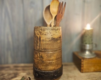 Antique Wooden Bucket with Iron Belt Primitive Utensil Holder Old Wooden Duch Bucket Farmhouse Decoration