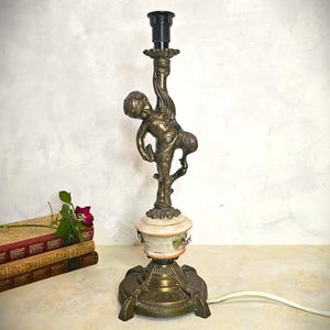 Antique Art Nouveau Barbotine Majolica Bronze Putti Cherub Table Lamp