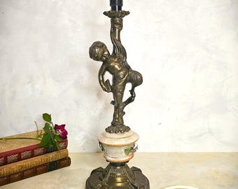 Antike Jugendstil Barbotine Majolika Bronze Putti Engelchen Tischlampe