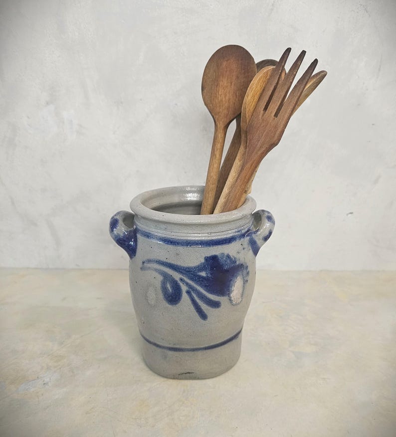 Antique Salt Glazed German Westerwald Stoneware Crock 1 Liter Old Pottery Rustic Kitchen Decoration image 3