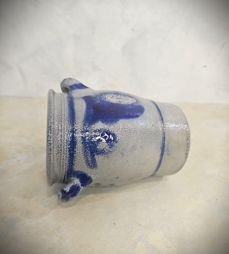 Antique Salt Glazed German Westerwald Stoneware Crock 1 Liter Old Pottery Rustic Kitchen Decoration image 6