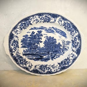Vintage Rare 1950s Royal Tudor Ware Staffordshire Blue & White Serving Plate &quot;Olde Engand&quot;. Made in England. Collectible