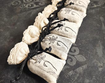 Natural Linen Lavender Sachets with Lace - Set of 5