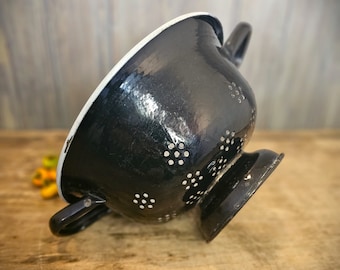Vintage Enamel Black and Blue Colander Kitchen Strainer