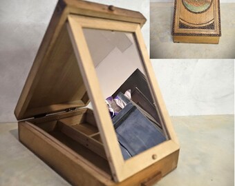 Miroir vintage en bois sculpté à la main, boîte à bijoux