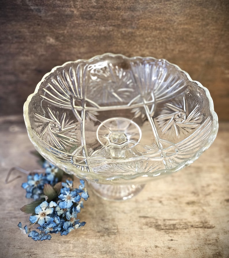 French Vintage Fruit Bowl with Pedestal Depression Glass Footed Dish Cookie Stand image 5