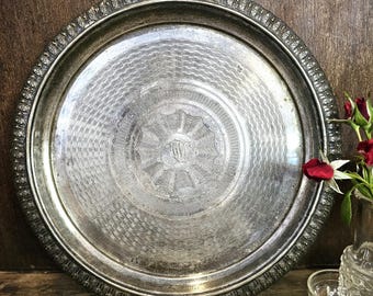 Vintage Silver Plate Serving Tray Monogram DW Floral Design