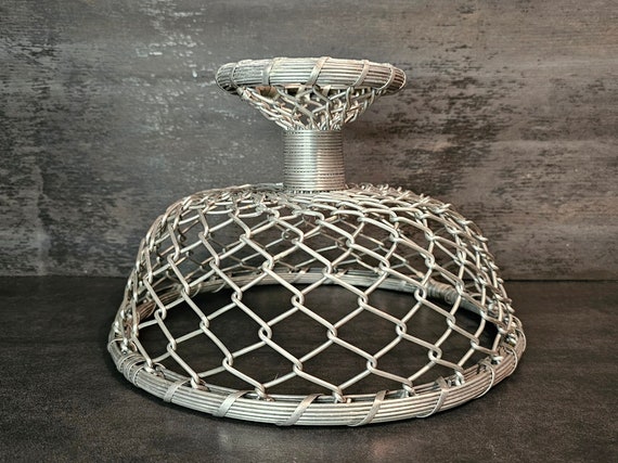Vintage Woven Metal Wire Fruit Basket: Mid Century Pedestal Design