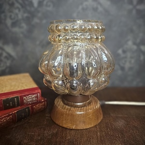Vintage Mid Century Bedside Lamp Wood & Amber Bubbled Glass