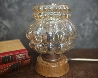 Vintage Mid Century Bedside Lamp Wood & Amber Bubbled Glass