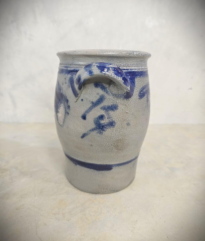 Antique Salt Glazed German Westerwald Stoneware Crock 1 Liter Old Pottery Rustic Kitchen Decoration image 4