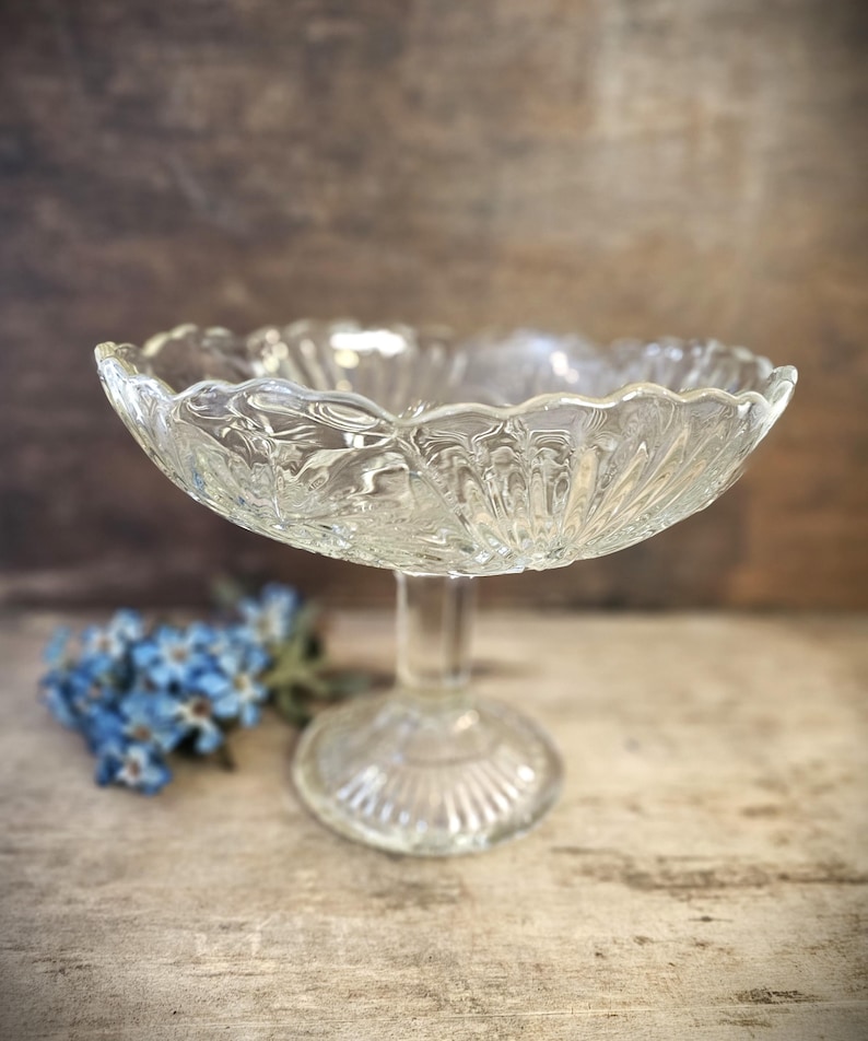 French Vintage Fruit Bowl with Pedestal Depression Glass Footed Dish Cookie Stand image 8