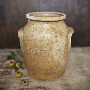 May include: A large, brown stoneware crock with two handles. The crock has a speckled glaze and a white rim.